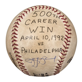 1992 Jim Leyland Game Used, Signed & Inscribed ONL White Baseball From Leylands 500th Career Managerial Win on 4/10/92 (Leyland LOA & Beckett)